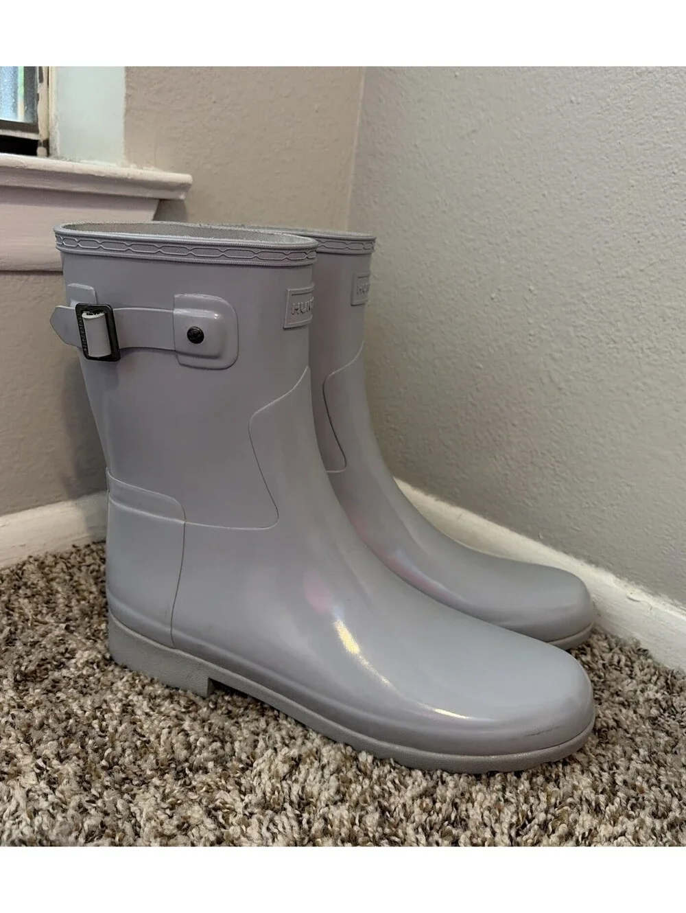 Hunters Boots Women’s Original Refined Short Gloss Boots Light Gray Size 10